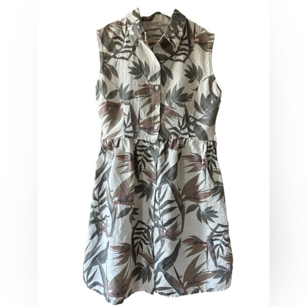 Laura Bianchi 100% Linen Neutral Florals Button Up Sleeveless Shirt Dress - M - Picture 2 of 11